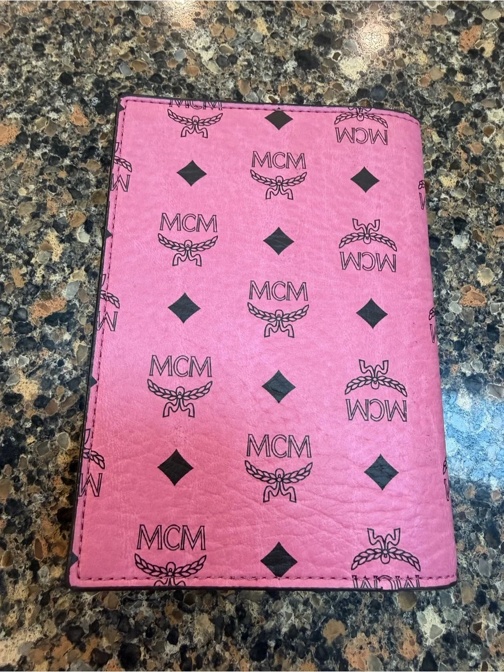 MCM Pink Logo Passport Cover with Gold Plaque new